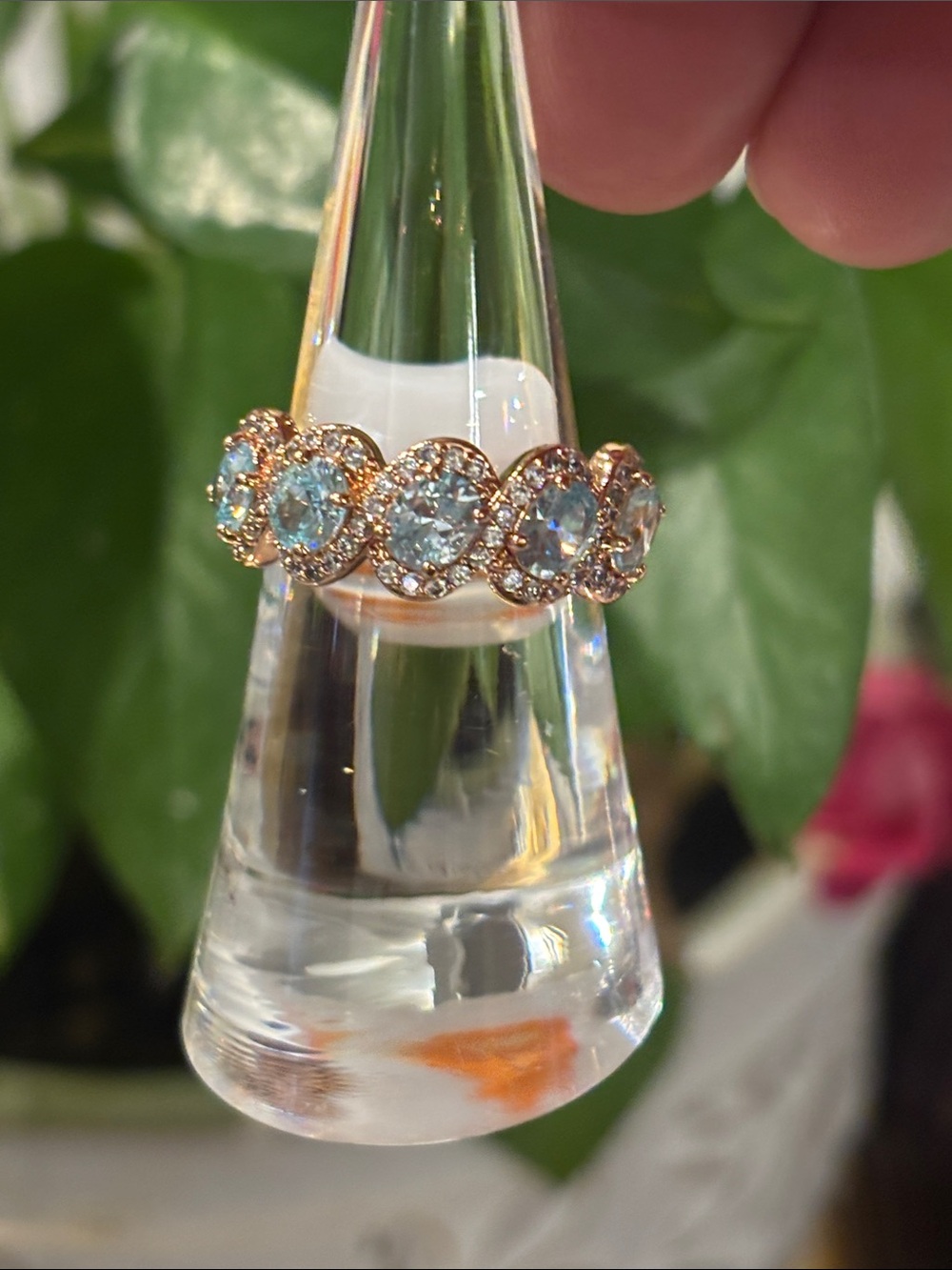 Rose Gold Ring with Light Blue Crystal Halo Accents